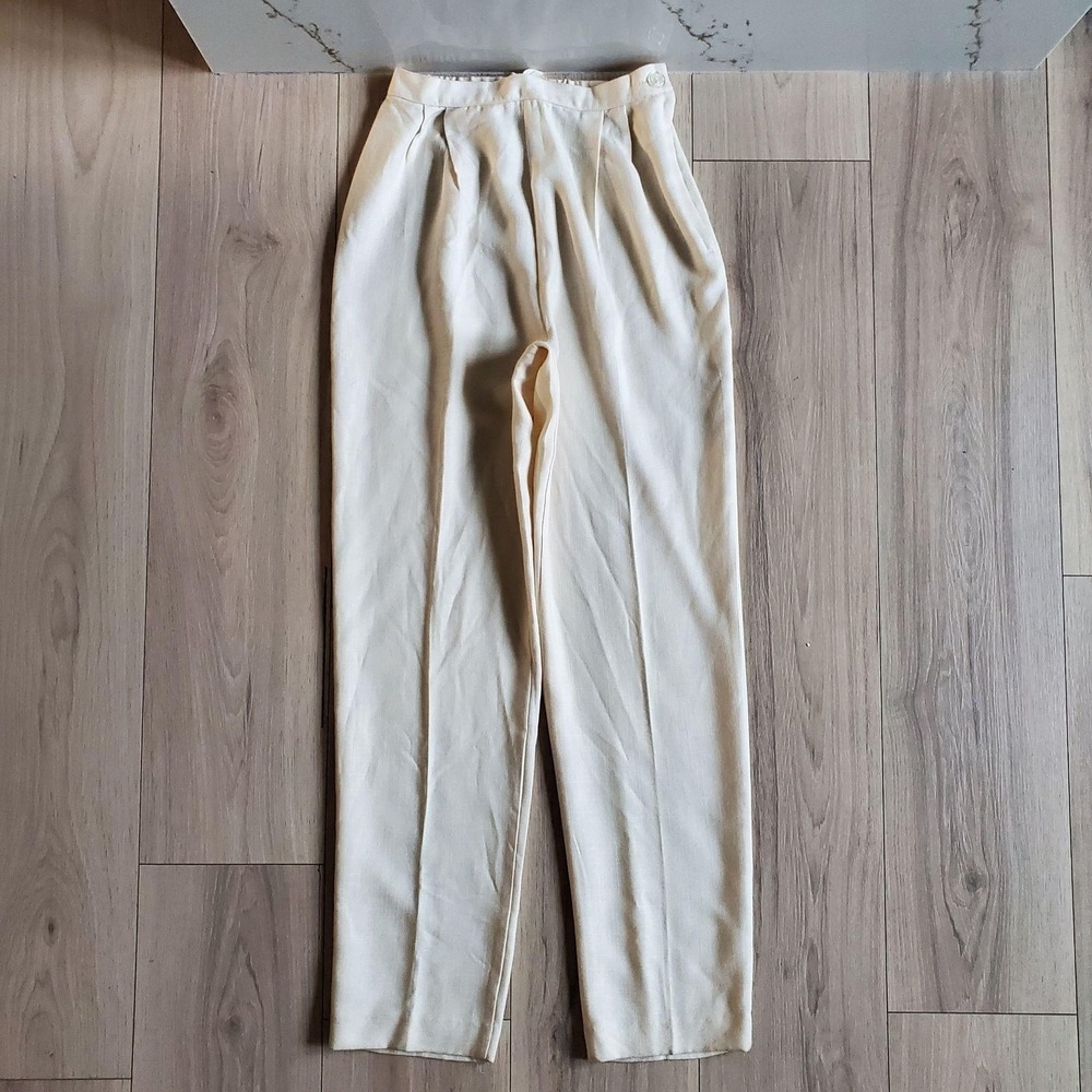 Vintage Dress Pants Womens 10 White Twill Pleated Elastic Waist Pull On Tapered